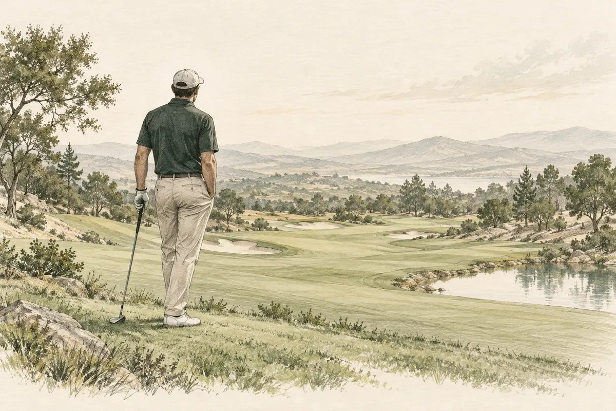 Sketch of a golfer looking across the course while taking a moment to regroup