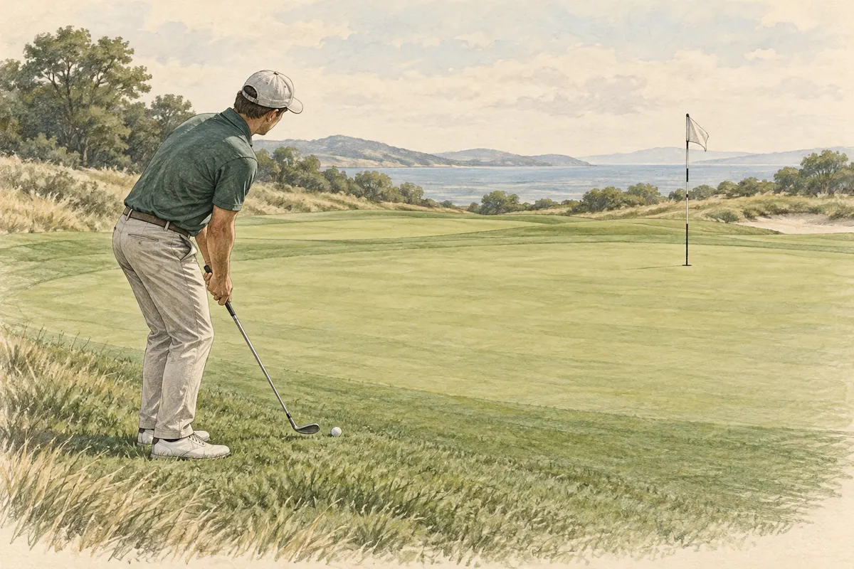 Sketch of a short-game scene looking toward the hole from short grass beside the green