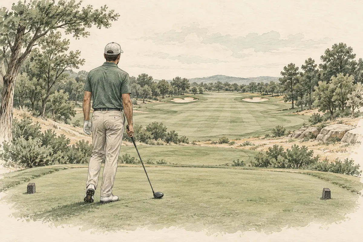 Boceto de un golfista observando la calle y los búnkeres desde el tee