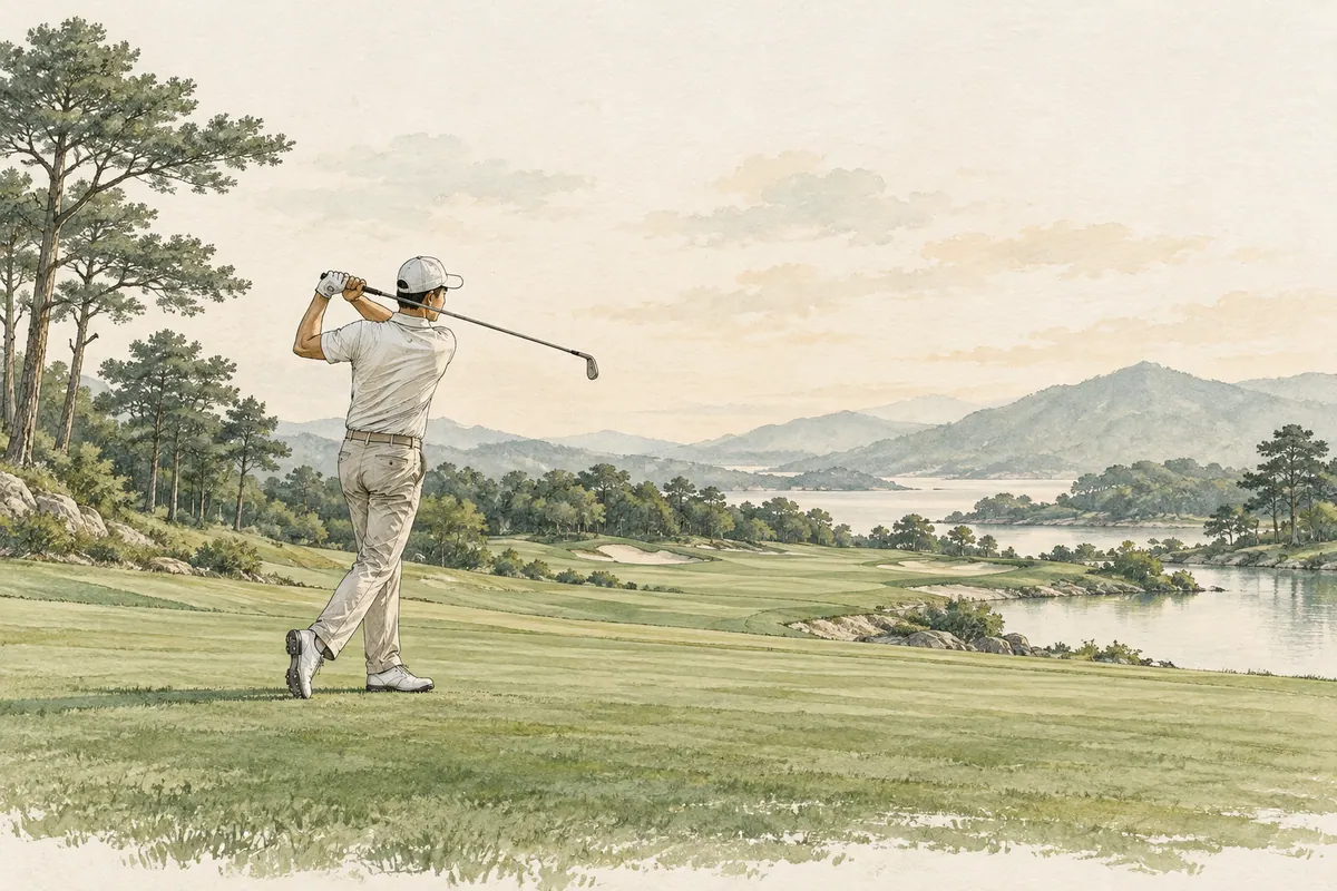 Boceto de un golfista terminando el swing equilibrado sobre césped