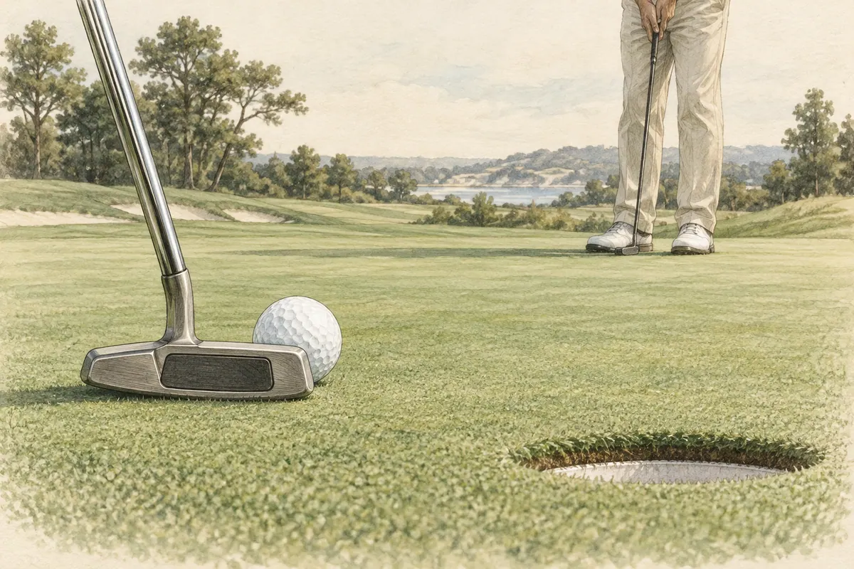 Sketch of preparing a short putt close to the hole on a level green