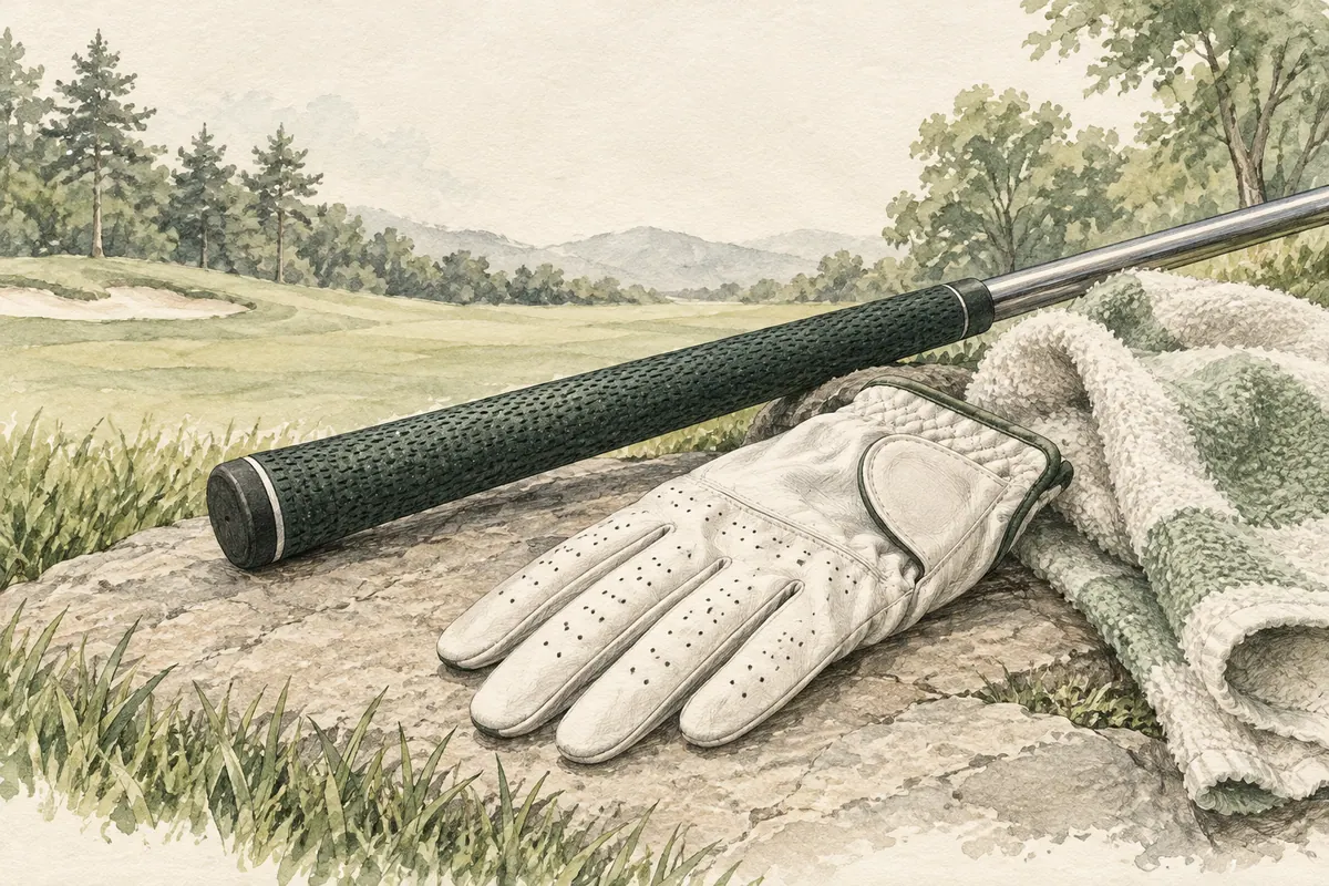 Sketch of a club grip, golf glove, and towel