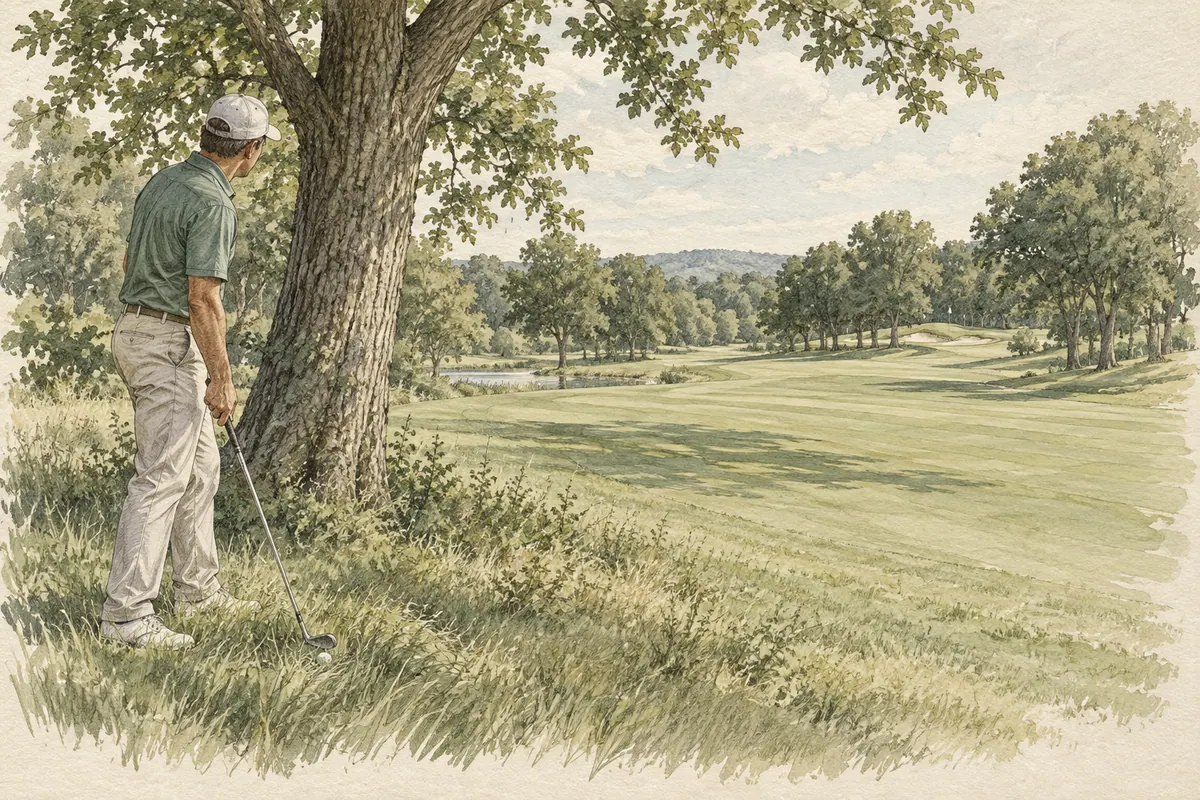 Boceto de un golfista junto a un árbol observando una calle despejada