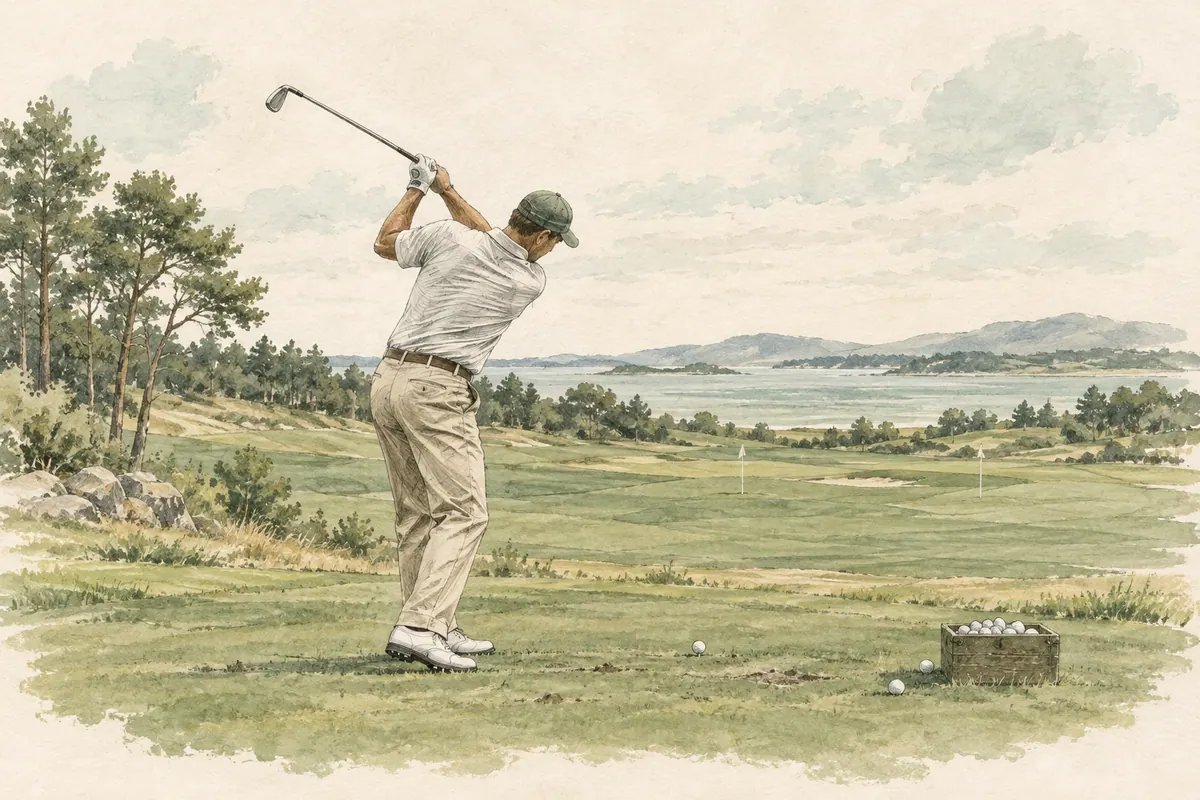 Sketch of a golfer making a calm backswing on the practice range