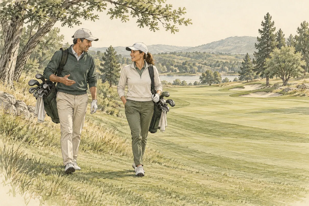 Sketch of two golfers talking comfortably while walking beside a fairway