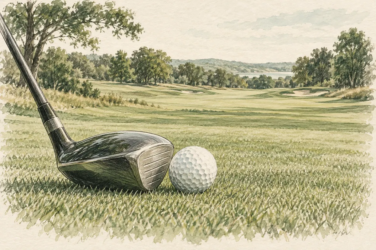 Sketch of a fairway wood and golf ball resting on short grass