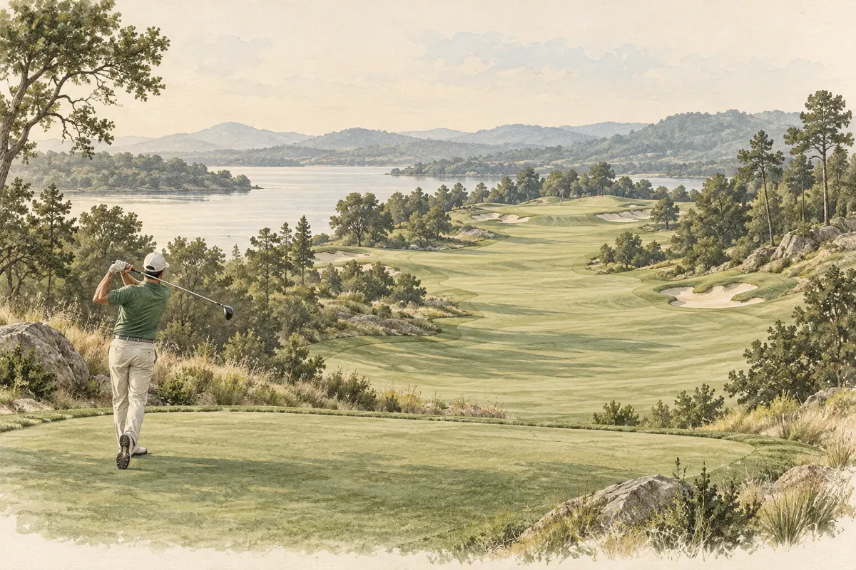 Sketch of a long par-5 hole with a broad fairway leading to the green
