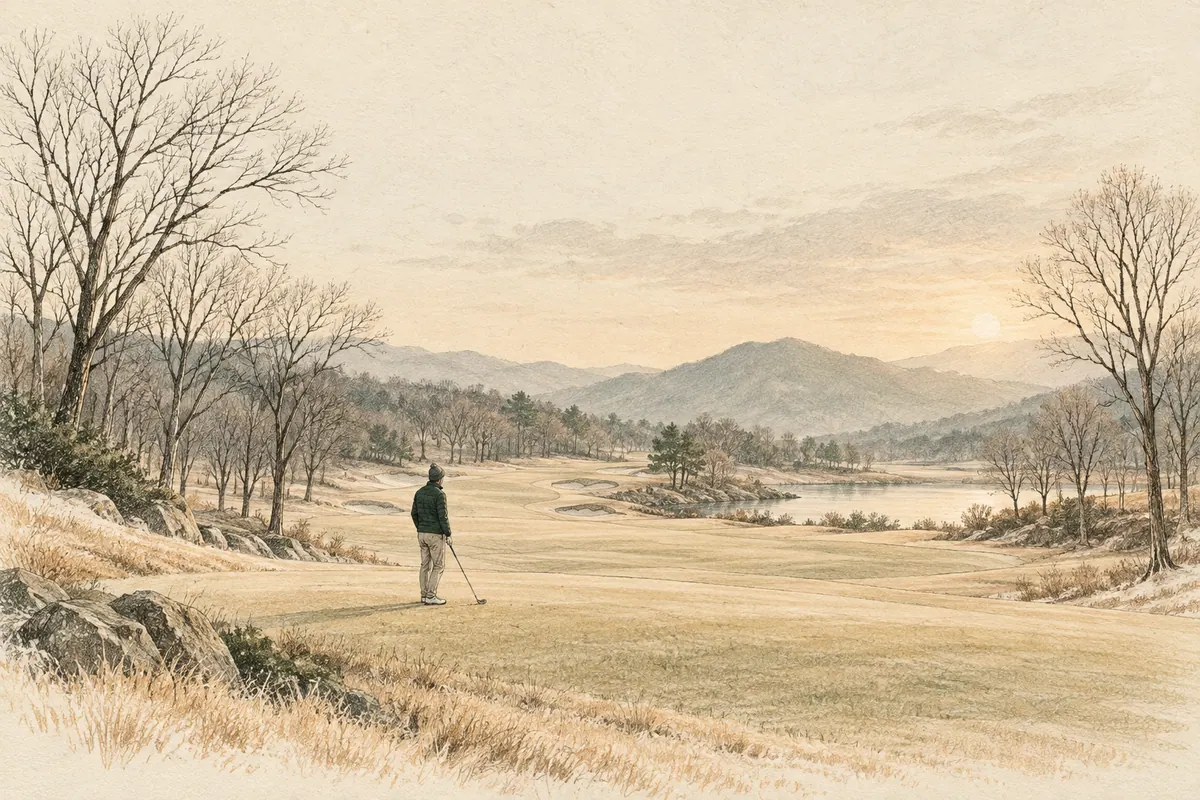 Sketch of a winter course with pale grass and leafless trees
