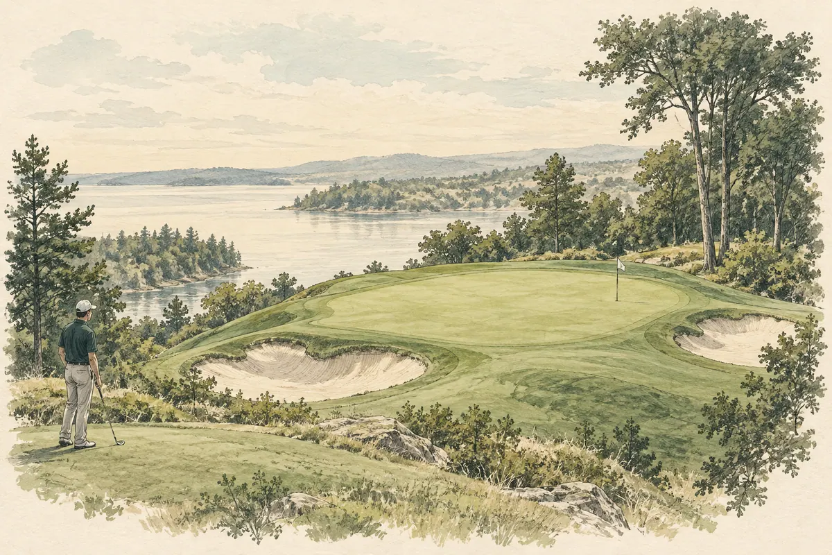 Boceto de un green de par 3 con centro amplio y búnkeres en los bordes