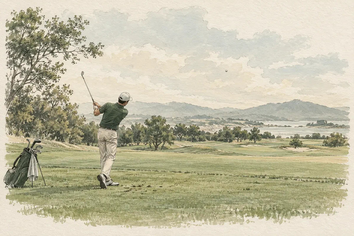 Boceto de un golfista enlazando un swing corto de hierro por delante del cuerpo