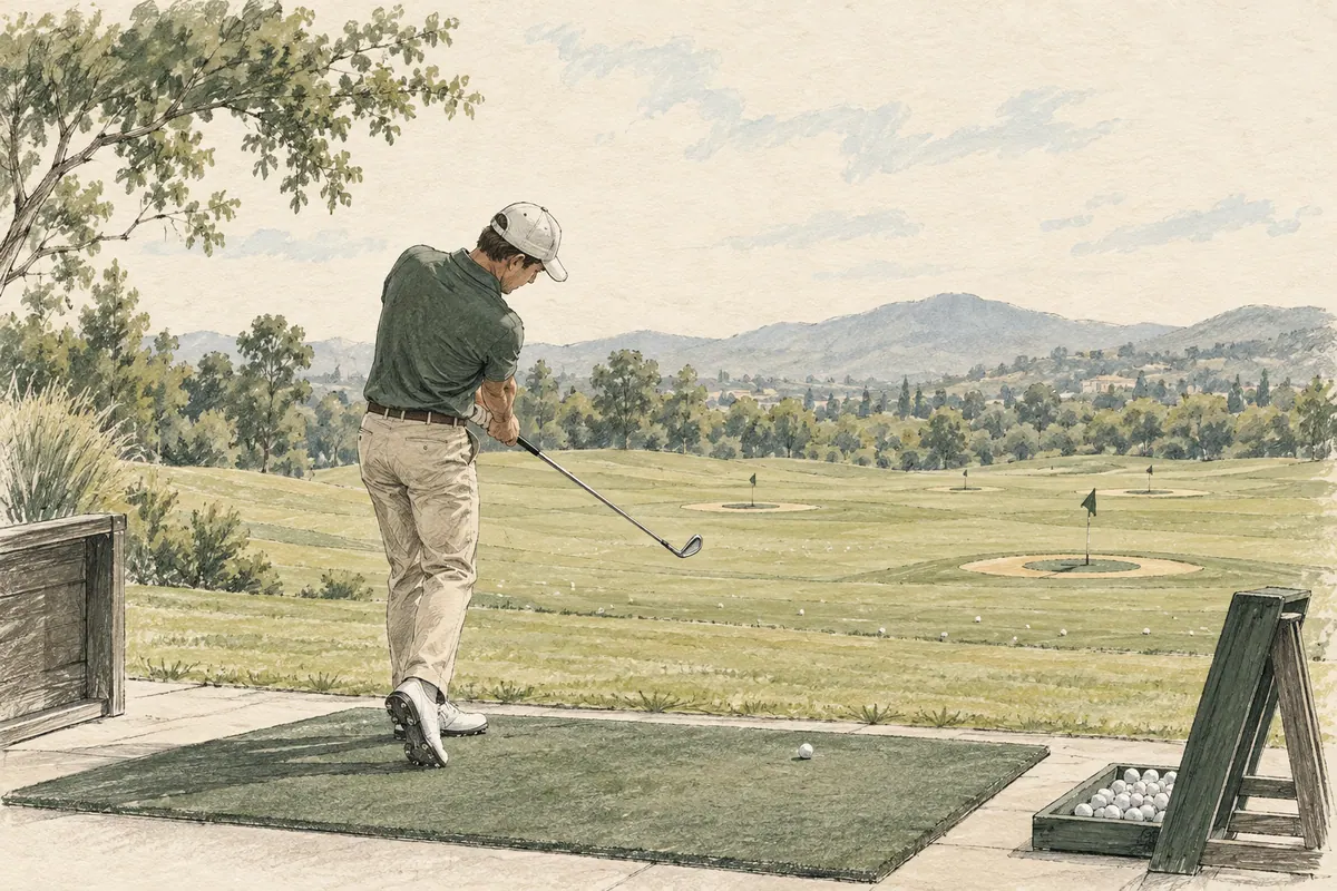Sketch of a golfer making a small iron swing on the practice range