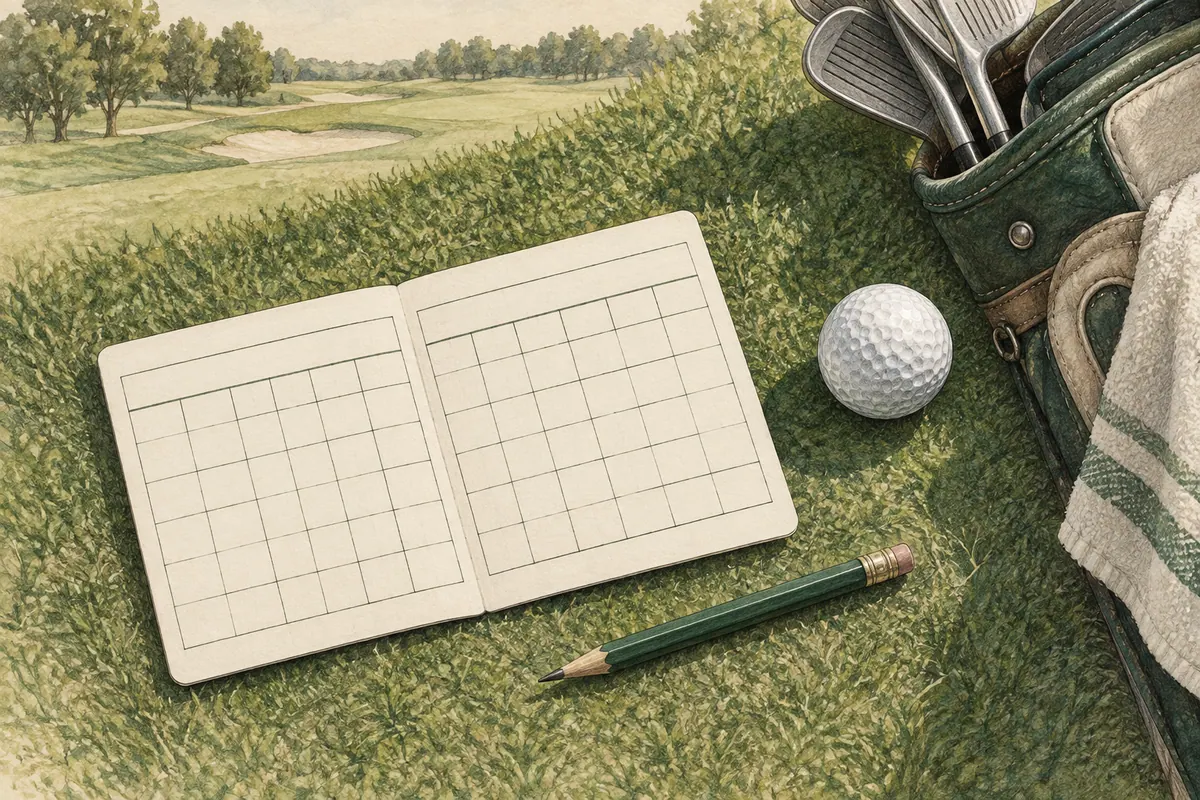 Boceto de una tarjeta de resultados junto a un lápiz y una bola de golf