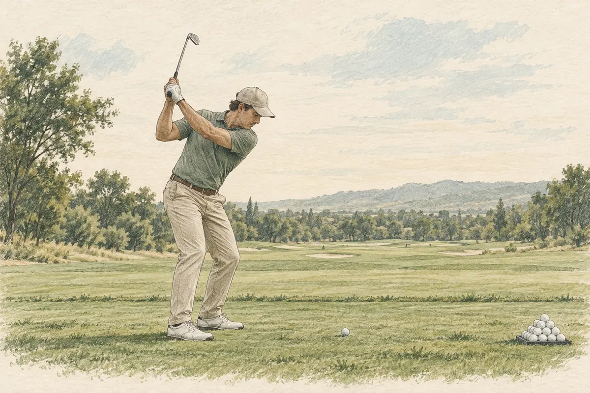 Esboço de um golfista a fazer um pequeno backswing mantendo a base dos pés