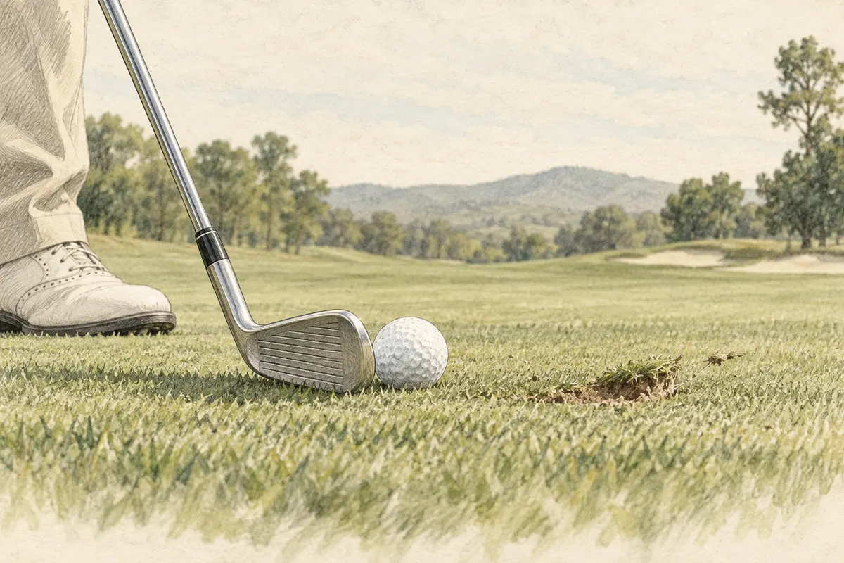 Boceto de una bola, una cabeza de hierro y una chuleta sobre césped corto